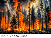 Danger. A forest fire. Bright flames. Take care of nature. Don't make bonfires in the woods. Стоковое AI-изображение, AI-художник Photojuli / Фотобанк Лори