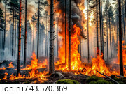Danger. A forest fire. Bright flames. Take care of nature. Don't make bonfires in the woods. Стоковое AI-изображение, AI-художник Photojuli / Фотобанк Лори