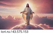 Jesus Christ standing on clouds with radiant light at sunset. Стоковое AI-видео, аниматор Андрей Митин / Фотобанк Лори