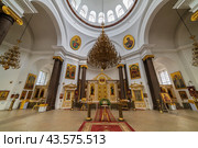 Panoramic view Interior of the St. Sophia (Ascension) Cathedral in the city of Pushkin (Tsarskoe Selo), St. Petersburg, Russia. Former temple of the Life Hussar Regiment. (2024 год). Редакционное фото, фотограф Михаил Аккуратoв / Фотобанк Лори