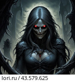 Scary woman, witch, zombie in black clothes. Стоковое AI-изображение, AI-художник Алексей Сабадырь / Фотобанк Лори