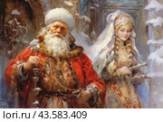 Wo characters in traditional Russian costumes standing against the backdrop of a winter landscape. On the left is Father Frost, dressed in a red caftan with fur trim and a white hat. He holds in his hands a staff decorated with silver elements. On the right is the Snow Maiden, a young woman with long blonde braids, dressed in a light dress with ornaments and fur trim. The look is completed with a headdress and a white cape. The background is decorated with snowdrifts and architectural elements, creating the atmosphere of a winter fairy tale. Стоковое AI-изображение, AI-художник Анна Кривицкая / Фотобанк Лори