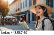 A cheerful Chinese female tourist with a hat and backpack, holding a map and exploring a European city during her vacation. Стоковое AI-изображение, AI-художник Tatiana Syrtseva / Фотобанк Лори