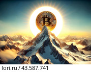 Золотая эмблема Биткоина криптавалюта расположена на вершине горы. Стоковое AI-изображение, AI-художник Ольга Пахомова / Фотобанк Лори