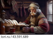 An elderly man with gray hair and a mustache, dressed in traditional clothes, sitting at a wooden table in an old Russian hut. On the table in front of him are fresh loaves of bread and pies. Hanging sausages and antique kitchen utensils can be seen in the background, creating a rustic atmosphere. In the left foreground there is a red mug of tea and a bottle of drink. Стоковое AI-изображение, AI-художник Анна Кривицкая / Фотобанк Лори