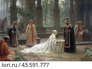 Scene from a medieval royal court. In the center of the picture, a young woman in a luxurious white dress, decorated with gold patterns, kneels before the king in a black robe with gold elements. Courtiers gathered around them, dressed in rich outfits with exquisite ornaments. The background of the scene is a decorated colonnade and a green garden, which gives the image an atmosphere of grandeur and solemnity. Стоковое AI-изображение, AI-художник Анна Кривицкая / Фотобанк Лори