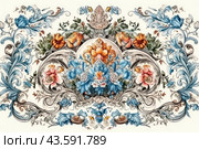 Exquisite floral pattern made in a decorative style. In the center of the composition is a bouquet of flowers of various shades: blue, orange, pink and white. Around the central bouquet are ornate patterns including curls and leaves, done in pastel colors with accents of blue and taupe. Each element of the design is drawn in detail, creating a feeling of lightness and grace. The overall composition is reminiscent of a classic pattern that can be used to decorate textiles, wallpaper or other decorative items. Стоковое AI-изображение, AI-художник Анна Кривицкая / Фотобанк Лори