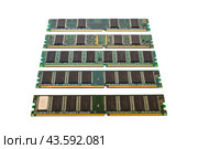 DDR SDRAM memory modules isolated on white. perspective view of DDR chip combined on a module chipset for desktop PCs. Cut out image. Стоковое фото, фотограф Константин Григорьев / Фотобанк Лори