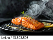 Hot smoked salmon fillet on black plate. Hot lox piece with steamed smoke. Dark background. Salmon steak served lemon, herbs cooking grill barbecue. Grilled red fish dish. Frying trout. Menu, recipe. Стоковое AI-изображение, AI-художник Марина Демидюк / Фотобанк Лори