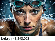 Sports swimming. Women's swim. An athlete wearing swimming glasses in a swimming pool at a close-up competition. The woman looks directly into the camera. Стоковое AI-изображение, AI-художник Photojuli / Фотобанк Лори