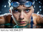 Sports swimming. Women's swim. An athlete wearing swimming glasses in a swimming pool at a close-up competition. The woman looks directly into the camera. Стоковое AI-изображение, AI-художник Photojuli / Фотобанк Лори