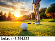 The banner. A white ball and a metal golf club are lying on the lawn in the hands of a man against the sunset background. An advertisement for a golf game at a country club. Free space for text. Стоковое AI-изображение, AI-художник Photojuli / Фотобанк Лори