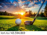 The banner. A white ball and a metal golf club are lying on the lawn in the hands of a man against the sunset background. An advertisement for a golf game at a country club. Free space for text. Стоковое AI-изображение, AI-художник Photojuli / Фотобанк Лори