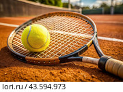 There is a yellow tennis ball and a tennis racket on the dirt court. A summer sport. Great tennis. Стоковое AI-изображение, AI-художник Photojuli / Фотобанк Лори