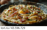 Top View of Classic Italian Carbonara Pasta with Bacon, Cheese, and Egg Yolks, Perfect for High-End Culinary Magazines. with steam, copy space. Italian Cuisine concept. Стоковое AI-изображение, AI-художник Ирина Михайличенко / Фотобанк Лори
