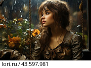 A young girl looking out the window, behind which it is raining. Her thoughtful face is illuminated by soft light, creating an atmosphere of comfort and melancholy. She is wearing a brown jacket with water droplets on the fabric, which adds realism and emotional depth to the picture. Flowers and greenery are visible in the background, complementing the atmosphere of natural solitude and peace. Стоковое AI-изображение, AI-художник Анна Кривицкая / Фотобанк Лори