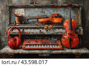 Composition of various musical instruments and accessories located on an old piano with peeling paint. Among the instruments you can see two violins, an electronic synthesizer, large red headphones and a copper trumpet. Music notes in the background and hanging wires create the atmosphere of a vintage music corner where past and present intertwine. Стоковое AI-изображение, AI-художник Анна Кривицкая / Фотобанк Лори