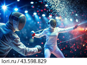 Fencers in the arena with rapiers in their hands during training are fighting a duel. Sports fencing. Fencing is a type of Summer Olympic Games. Стоковое AI-изображение, AI-художник Photojuli / Фотобанк Лори