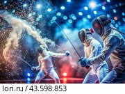 Fencers in the arena with rapiers in their hands during training are fighting a duel. Sports fencing. Fencing is a type of Summer Olympic Games. Стоковое AI-изображение, AI-художник Photojuli / Фотобанк Лори