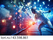 Fencers in the arena with rapiers in their hands during training are fighting a duel. Sports fencing. Fencing is a type of Summer Olympic Games. Стоковое AI-изображение, AI-художник Photojuli / Фотобанк Лори