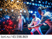 Fencers in the arena with rapiers in their hands during training are fighting a duel. Sports fencing. Fencing is a type of Summer Olympic Games. Стоковое AI-изображение, AI-художник Photojuli / Фотобанк Лори