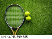 A yellow tennis ball and a tennis racket are lying on the lawn. A summer sport. Great tennis. Стоковое AI-изображение, AI-художник Photojuli / Фотобанк Лори
