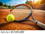 There is a yellow tennis ball and a tennis racket on the dirt court. A summer sport. Great tennis. Стоковое AI-изображение, AI-художник Photojuli / Фотобанк Лори
