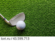 A banner with a view of a green lawn, on which lies a white ball and a metal golf club. An advertisement for a golf game at a country club. Free space for text. Стоковое AI-изображение, AI-художник Photojuli / Фотобанк Лори