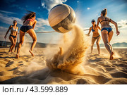 A poignant moment in the game. A volleyball falls on the sand. A volleyball player tries to hit the ball. Concepts of summer Olympic sports. Стоковое AI-изображение, AI-художник Photojuli / Фотобанк Лори