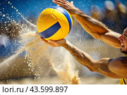 A poignant moment in the game. A volleyball falls on the sand. A volleyball player tries to hit the ball. Concepts of summer Olympic sports. Стоковое AI-изображение, AI-художник Photojuli / Фотобанк Лори