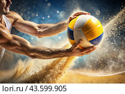 A poignant moment in the game. A volleyball falls on the sand. A volleyball player tries to hit the ball. Concepts of summer Olympic sports. Стоковое AI-изображение, AI-художник Photojuli / Фотобанк Лори