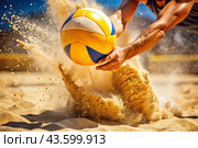 A poignant moment in the game. A volleyball falls on the sand. A volleyball player tries to hit the ball. Concepts of summer Olympic sports. Стоковое AI-изображение, AI-художник Photojuli / Фотобанк Лори