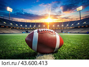 American football. A rugby ball in the stadium. The concept of sports games and competitions. The Summer Olympic Games. Стоковое AI-изображение, AI-художник Photojuli / Фотобанк Лори