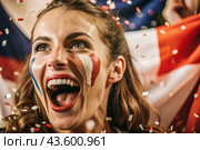 A beautiful athlete or cheerleader from France with joyful shouts after winning the competition at the Olympic Games against the background of the French flag. Стоковое AI-изображение, AI-художник Photojuli / Фотобанк Лори