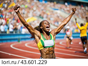 An African-American black athlete won during a sprint race or running at a sporting event. The concept of the Summer Olympic Games. Стоковое AI-изображение, AI-художник Photojuli / Фотобанк Лори