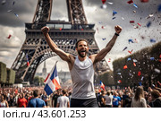 A track and field athlete won during a marathon or race against the backdrop of the Eiffel Tower at a sporting event. The concept of the Summer Olympic Games. Стоковое AI-изображение, AI-художник Photojuli / Фотобанк Лори