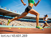 Legs of a black African-American athlete in close-up during a sprint race at a sporting event. The concept of the Summer Olympic Games. Стоковое AI-изображение, AI-художник Photojuli / Фотобанк Лори