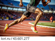 The legs of a black African-American athlete in close-up during a sprint race at a sporting event. The concept of the Summer Olympic Games. Стоковое AI-изображение, AI-художник Photojuli / Фотобанк Лори