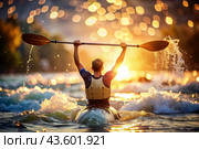 A kayaker celebrates his victory with an oar in his hands on a blurred background of the river. Kayaker at the Summer Olympics. Стоковое AI-изображение, AI-художник Photojuli / Фотобанк Лори