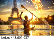 A kayaker celebrates his victory with an oar in his hands on a blurred background of the river. Kayaker at the Summer Olympics. Стоковое AI-изображение, AI-художник Photojuli / Фотобанк Лори