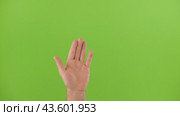 Waving Hand Emoji. Man Gesturing Hello, Hi, Bye. Male Hand Showing Sign of Greeting or Goodbye. Isolate Chroma Key Green Screen Background. Body Language. Close Up. Isolated Emoticon Gesture. Saluting. Стоковое видео, видеограф Марина Демидюк / Фотобанк Лори