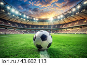 Soccer ball on the green field in soccer stadium. ready for game in the midfield. Стоковое AI-изображение, AI-художник Photojuli / Фотобанк Лори