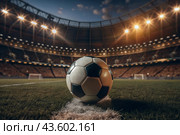 Soccer ball on the green field in soccer stadium. ready for game in the midfield. Стоковое AI-изображение, AI-художник Photojuli / Фотобанк Лори