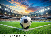 Soccer ball on the green field in soccer stadium. ready for game in the midfield. Стоковое AI-изображение, AI-художник Photojuli / Фотобанк Лори