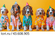 A pack of canines wearing accessories and outfits, all set for a celebratory gathering. Стоковое AI-изображение, AI-художник Юрий Поздников / Фотобанк Лори