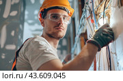 A man in hard hat and goggles is in construction, prioritizing safety with protective gear. Стоковое AI-изображение, AI-художник Юрий Поздников / Фотобанк Лори