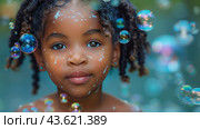 Little Girl With Braids and Bubbles in Her Hair. Стоковое AI-изображение, AI-художник Юлия Гапеенко / Фотобанк Лори