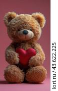 Bear Holding Red Heart on Pink Blanket. Стоковое AI-изображение, AI-художник Юлия Гапеенко / Фотобанк Лори