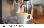 Aromatic coffee pouring into a cup from the coffee machine. Стоковое AI-видео, аниматор Юрий Поздников / Фотобанк Лори