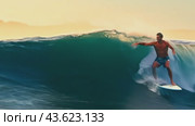Animated scene of a sports surfer gliding through ocean waves. Capturing the thrill and adventure of surfing in a dynamic animation. Стоковое AI-видео, аниматор Юрий Поздников / Фотобанк Лори